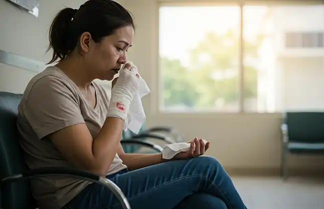 Woman with a bandaged hand due to a dog bite injury
