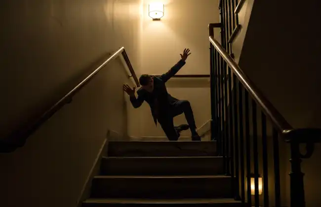 a hotel guest trips and falls on the dimly lit stairwell