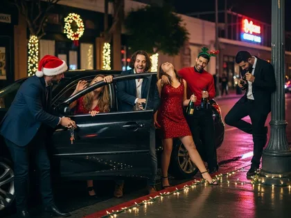A group of drunk men and women on the road