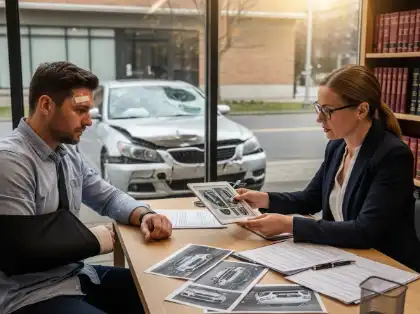 Injured driver reviewing accident evidence with a lawyer to determine fault in a personal injury claim