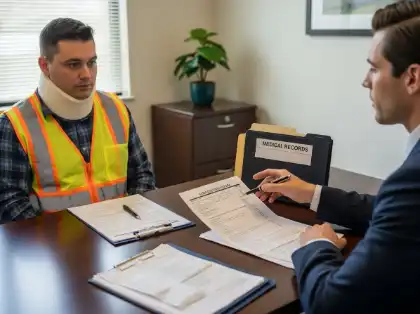 Injured worker reviewing compensation claim with attorney during personal injury case