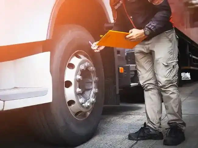 Inspector checking wheel of truck to avoid accident
