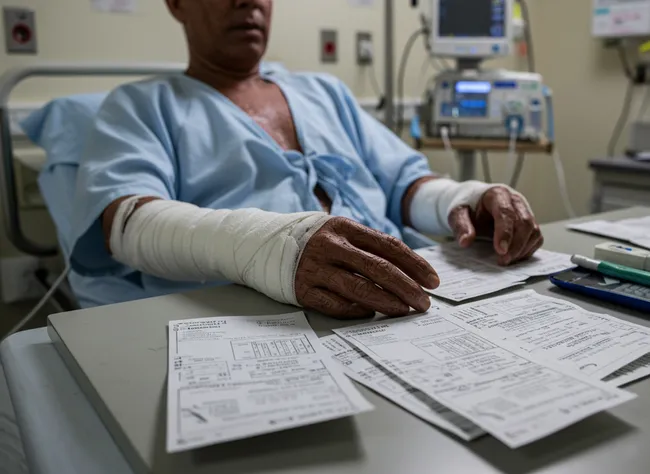 Man with bandaged arms reviewing medical documents after fire related injuries