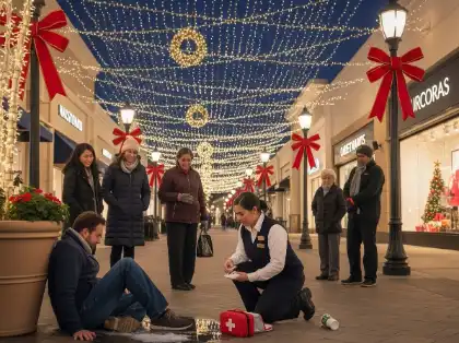 Pedestrian receiving first aid after a holiday shopping-area injury