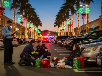 Pedestrian receiving medical aid after a holiday parking-lot accident