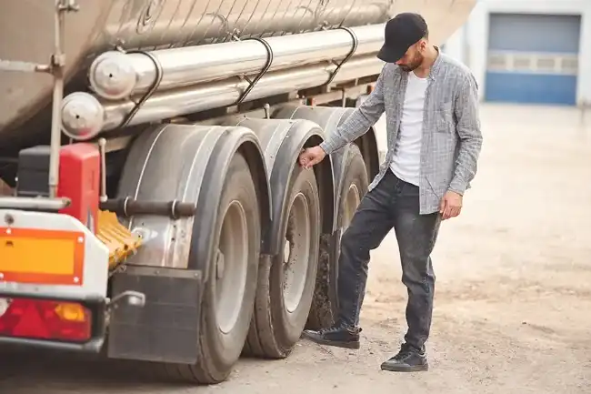 Truck accident risk with flat tire as driver was inspecting it