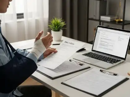 Worker reviewing injury claim paperwork highlighting eligibility for workers’ compensation benefits