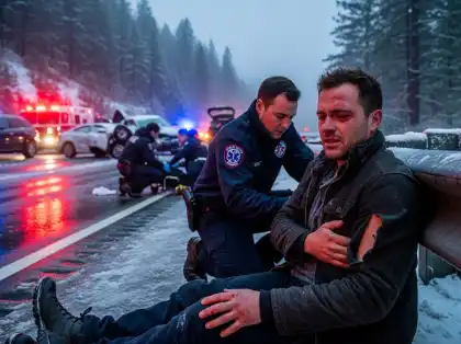 injured driver receiving roadside aid after icy multi-car pileup