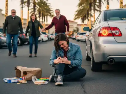 injured pedestrian after vehicle impact in busy parking area