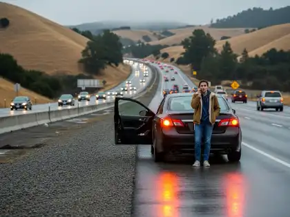 A person calling 911 after a car accident on the highway