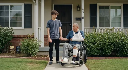 Accident survivor in wheelchair supported by family member during recovery at home