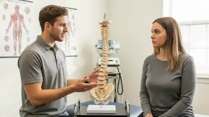 Car accident victim consulting doctor for injury evaluation and treatment