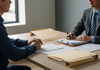 Car accident victim consulting with a lawyer about their insurance claim after an accident