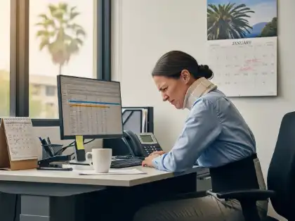 Car accident victim experiencing delayed injury pain while working at desk