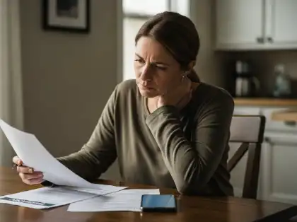 Car accident victim reviewing legal fee documents for a personal injury claim