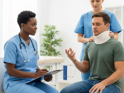 Car accident victim wearing a neck brace receiving medical treatment from doctors