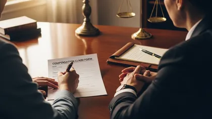 Client filling out a compensation claim form during a car accident consultation with a lawyer