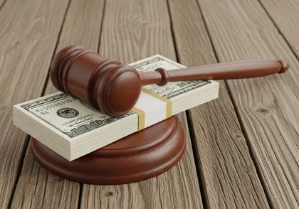 Court gavel and money symbolizing out-of-pocket costs in a personal injury lawsuit