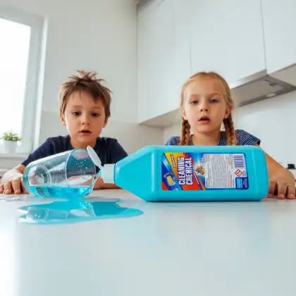Dos niños mirando un producto de limpieza doméstico derramado