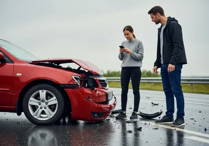 Drivers checking vehicle damage and documenting the incident