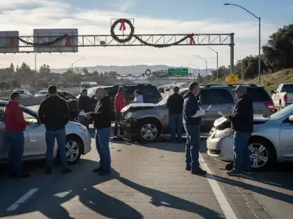 Drivers exchanging insurance and identification information after multi-vehicle car accident