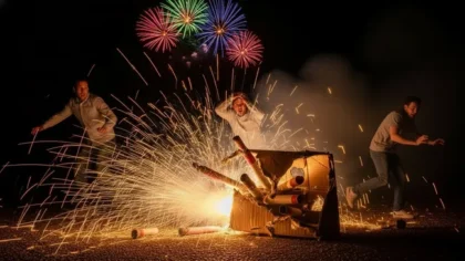 Firework accident during holiday celebration as fireworks explode unexpectedly near people