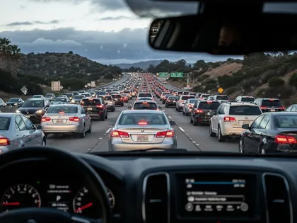 Heavy highway traffic jam viewed from inside a car during rush hour