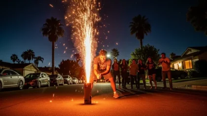 Holiday firework accident risk as man ignites fireworks in residential street at night