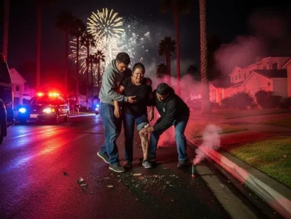 Holiday firework accident with injured woman receiving help as fireworks explode overhead