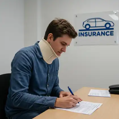 Injured car accident passenger completing an insurance claim for personal injury compensation