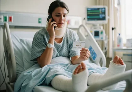 Injured car accident victim consulting a personal injury lawyer from hospital