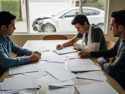 Injured car accident victim reviewing compensation documents with personal injury attorneys