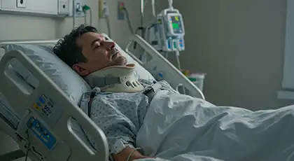 Injured man in hospital bed with neck brace and IV