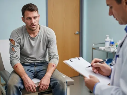 Injured man with visible arm wounds speaking with doctor during medical examination