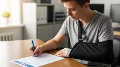Man with a fractured arm carefully filling out a claim for compensation due to an injury