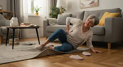 Mujer mayor en el suelo agarrándose la parte baja de la espalda con dolor tras tropezar con una alfombra en un salón