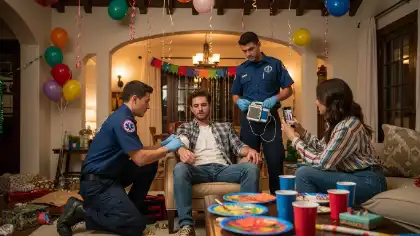 Paramedics treating an injured guest at a New Year’s Eve house party