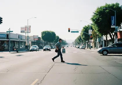 Pedestrian crossing a busy city intersection, highlighting risk factors in pedestrian accidents