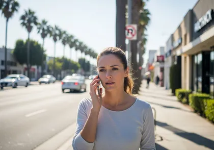 Pedestrian injured in an accident on a busy city street, speaking to someone on the phone for help