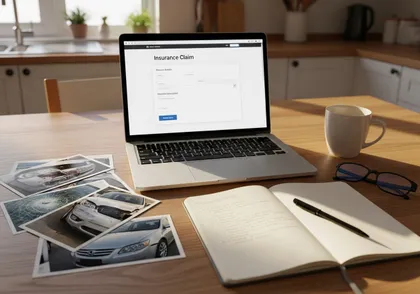 Person filling out an insurance claim online with photos of damaged vehicles on the table