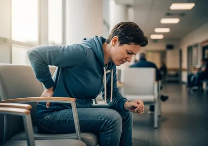 Person in a hospital waiting area experiencing back pain after a car accident