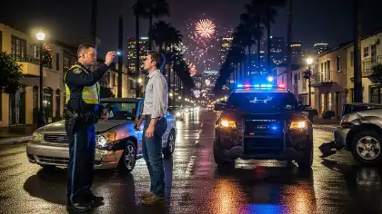 Police conducting BAC breathalyzer test after a car accident involving suspected DUI driver