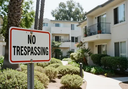 Residential apartment building with visible no trespassing warning sign