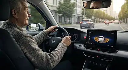 Senior driver using vehicle safety features to reduce car accident injury risk