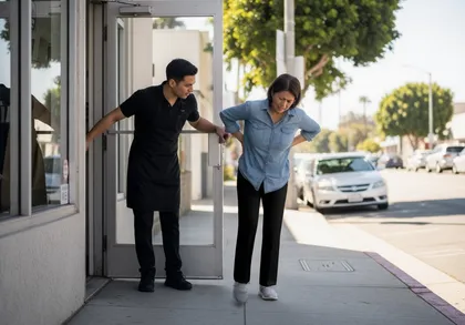 Slip and fall accident victim experiencing injury outside business entrance