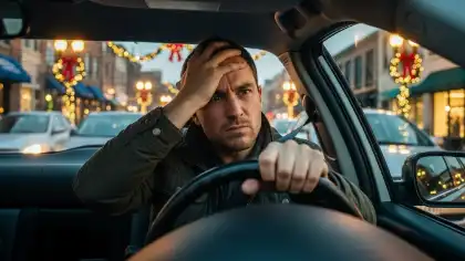 Stressed driver in heavy holiday traffic increasing risk of car accidents