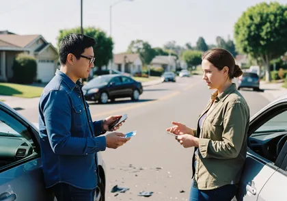 Traffic accident resolution with drivers calmly exchanging information roadside