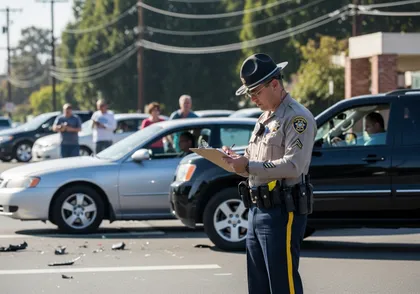 Traffic accident response with police officer assessing damage and writing report