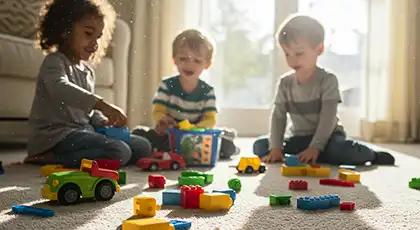 Tres niños pequeños sentados en un suelo enmoquetado en una habitación iluminada por el sol