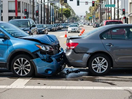 Two cars involved in a car accident at an intersection with visible damage